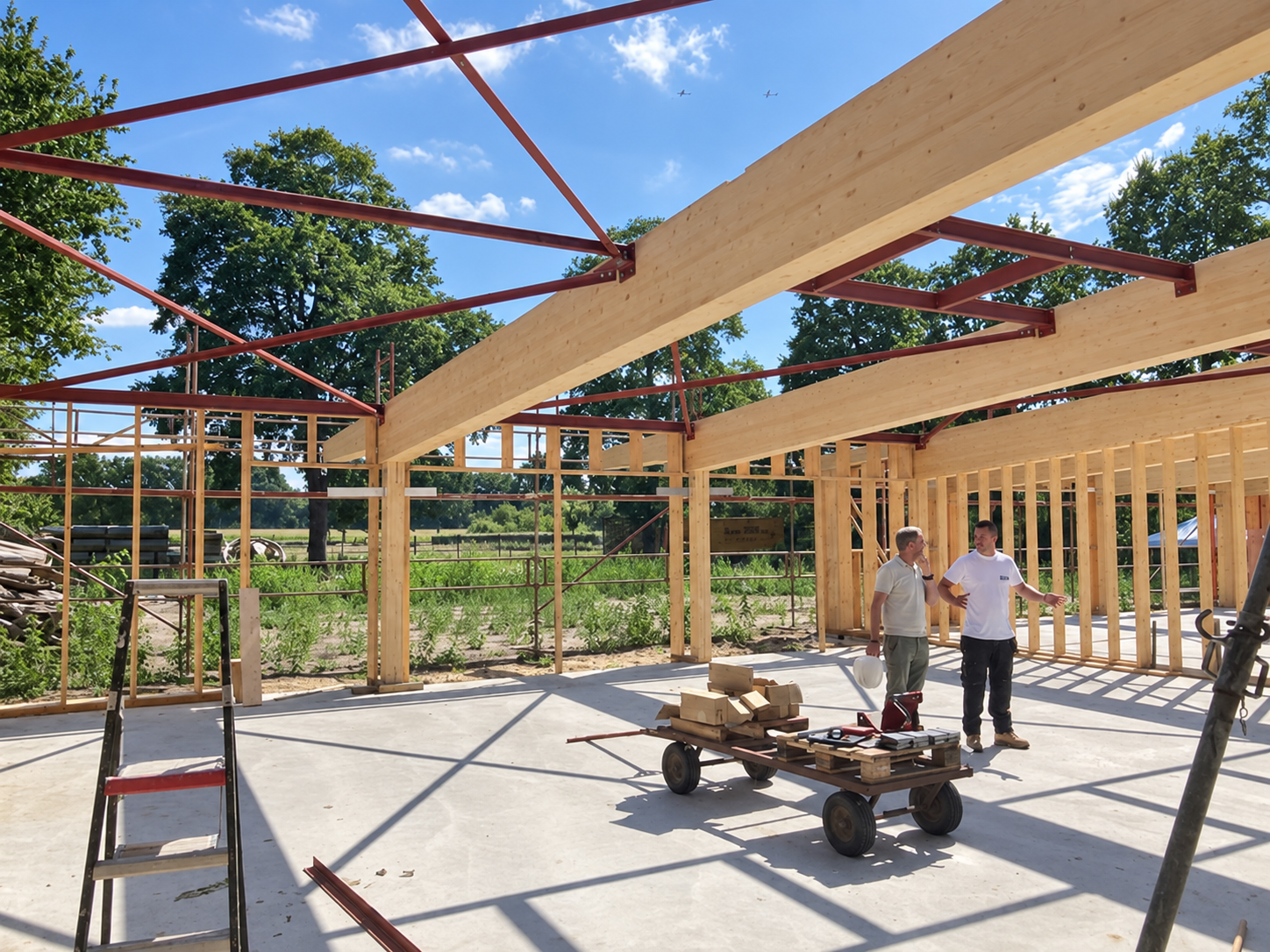 Bouwbeeld van de Bosbergschool met gelamineerde houten spanten, kolommen en houten wandstijlen.