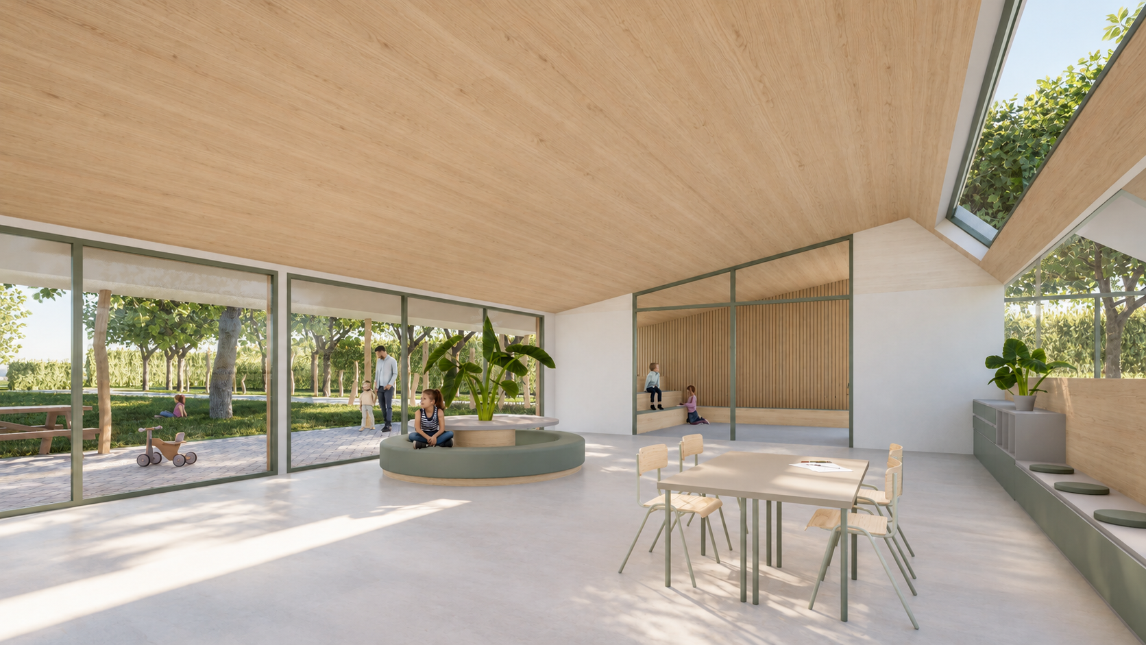 Visualisatie van het interieur van de Bosbergschool met een houten plafond, grote ramen en zicht op de groene buitenruimte.